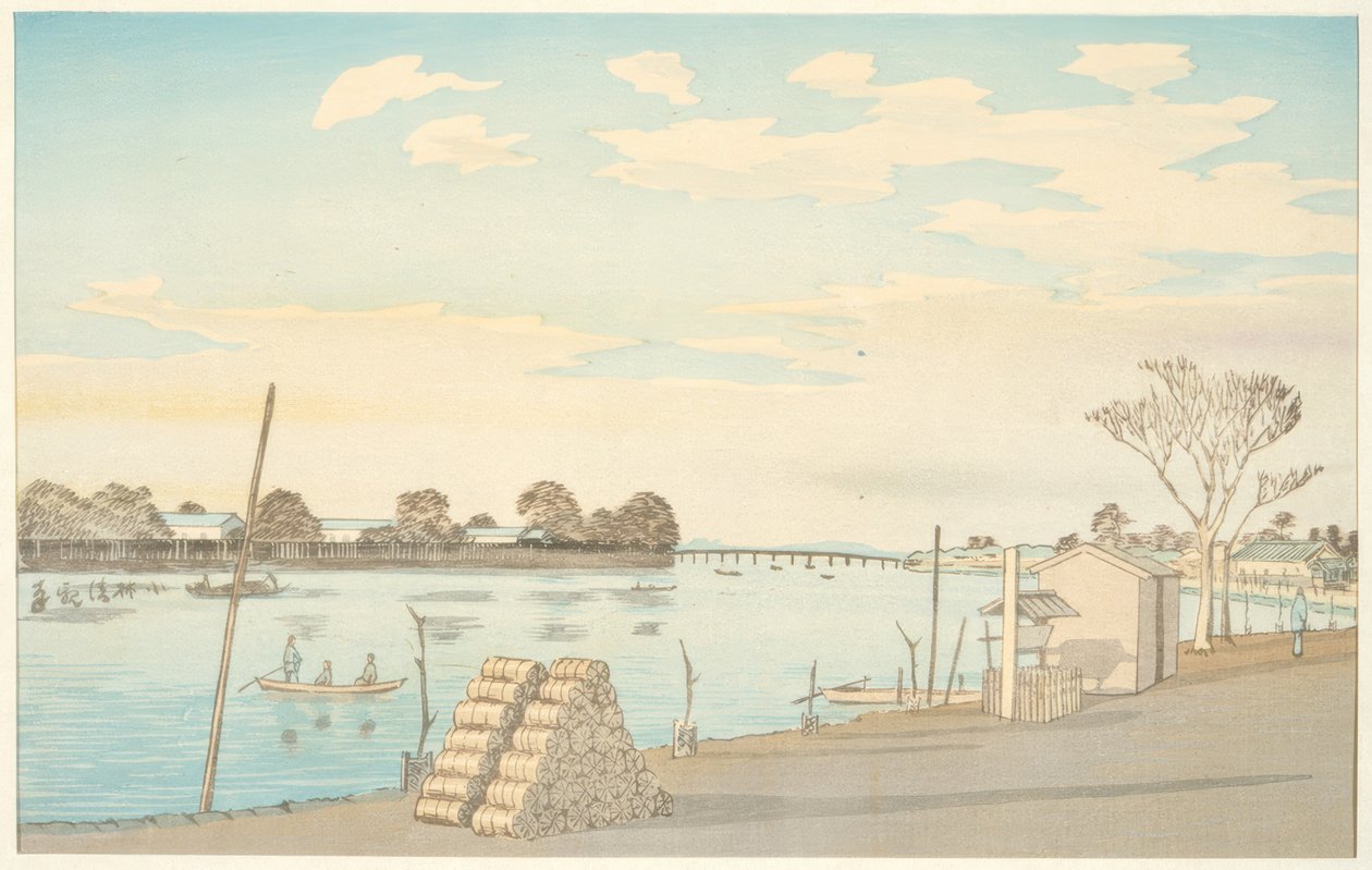 Fuji Dağı, Okawa Nehri manzaralı feribot by Kiyochika Kobayashi