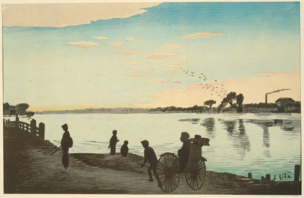 Sumida Nehri kıyılarından görülen Ishihara Köprüsü by Kiyochika Kobayashi