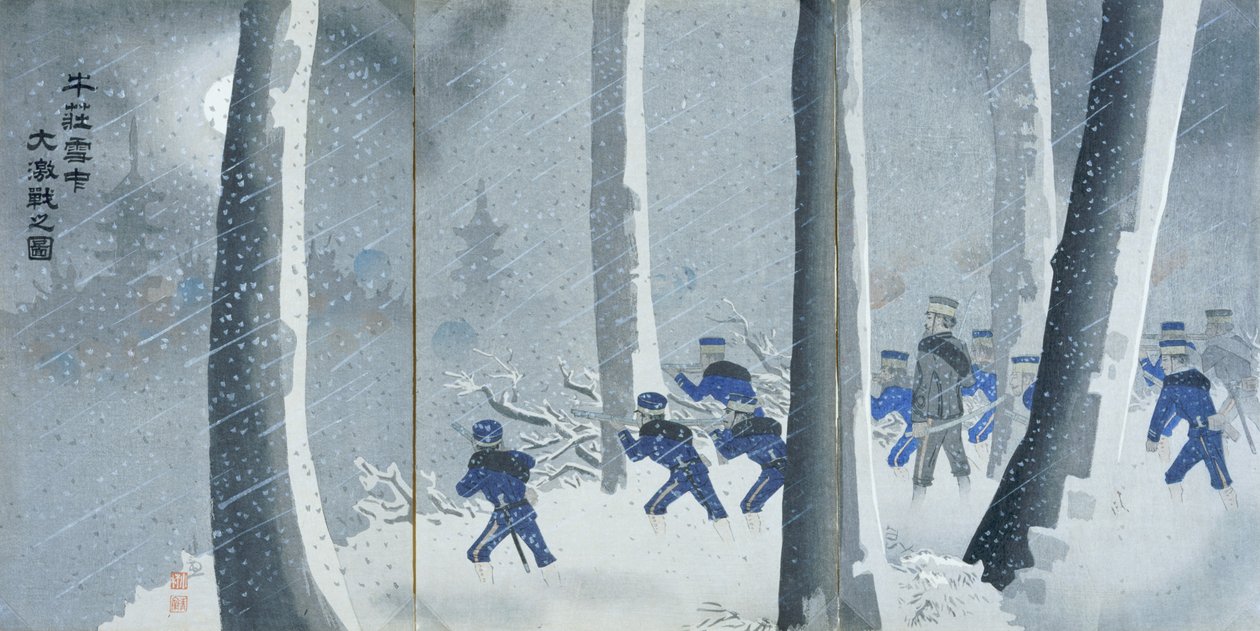 Niuzhuang yakınlarında Karda Şiddetli Savaş, Meiji dönemi by Kiyochika Kobayashi