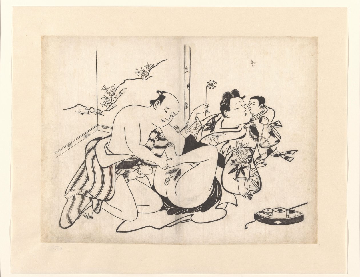 Sigara kapları ve katlanır paravan ile erotik performans by Kiyonobu (I) , Torii