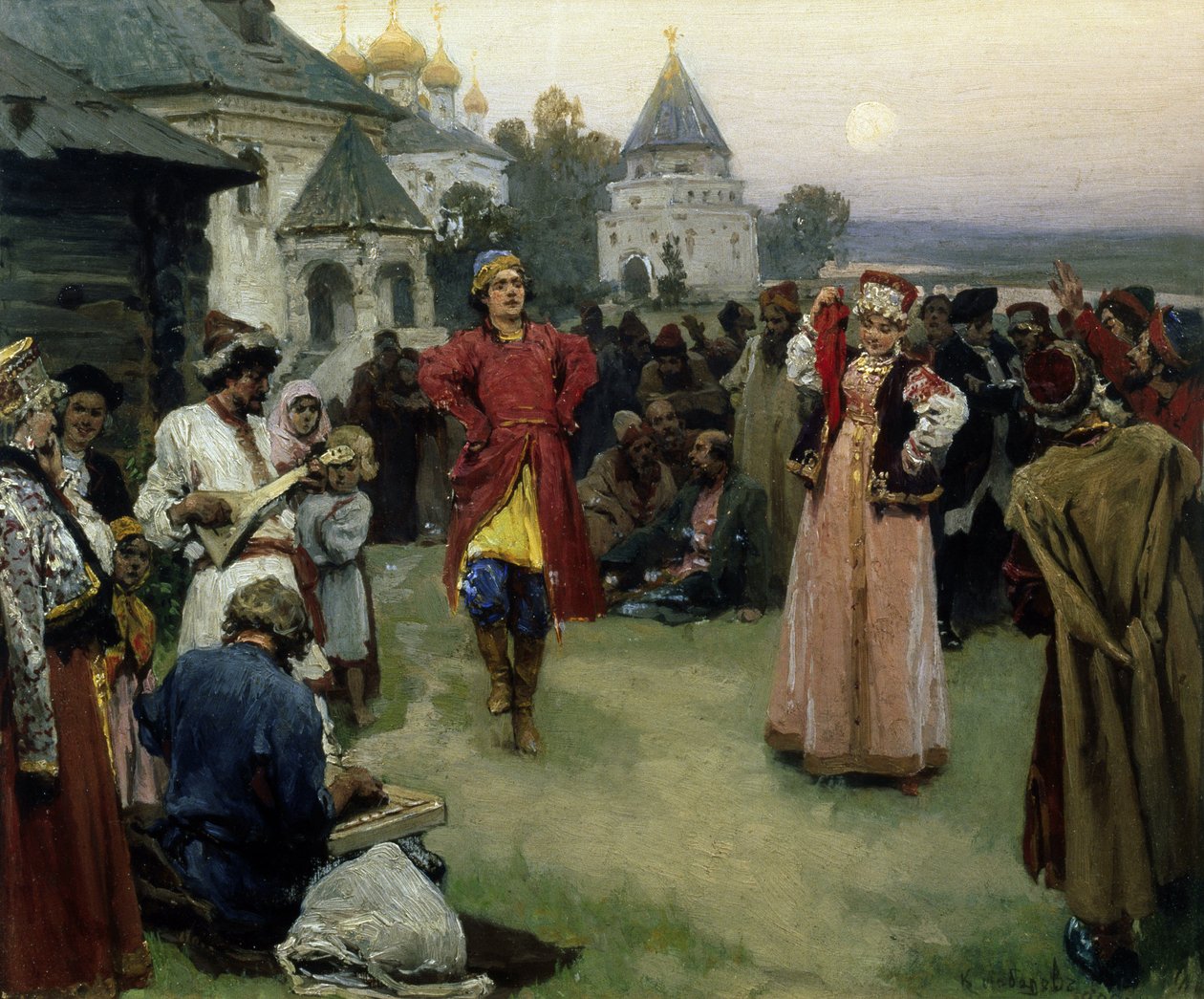 Dans (geleneksel kostümlü birkaç yeni evli, akşam karanlığında köylülerin kalabalığı arasında dans eder) (Dans) - Klavdi Vasilyevich Lebedev (1852-1916), karton üzerine yağlı boya (26x31 cm) by Klavdiy Vasilievich Lebedev