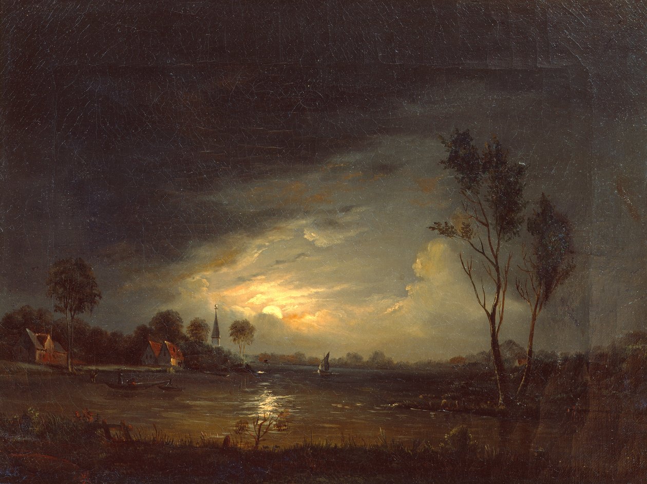 Ay ışığında balıkçılarla fiyort manzarası by Knud Andreassen Baade