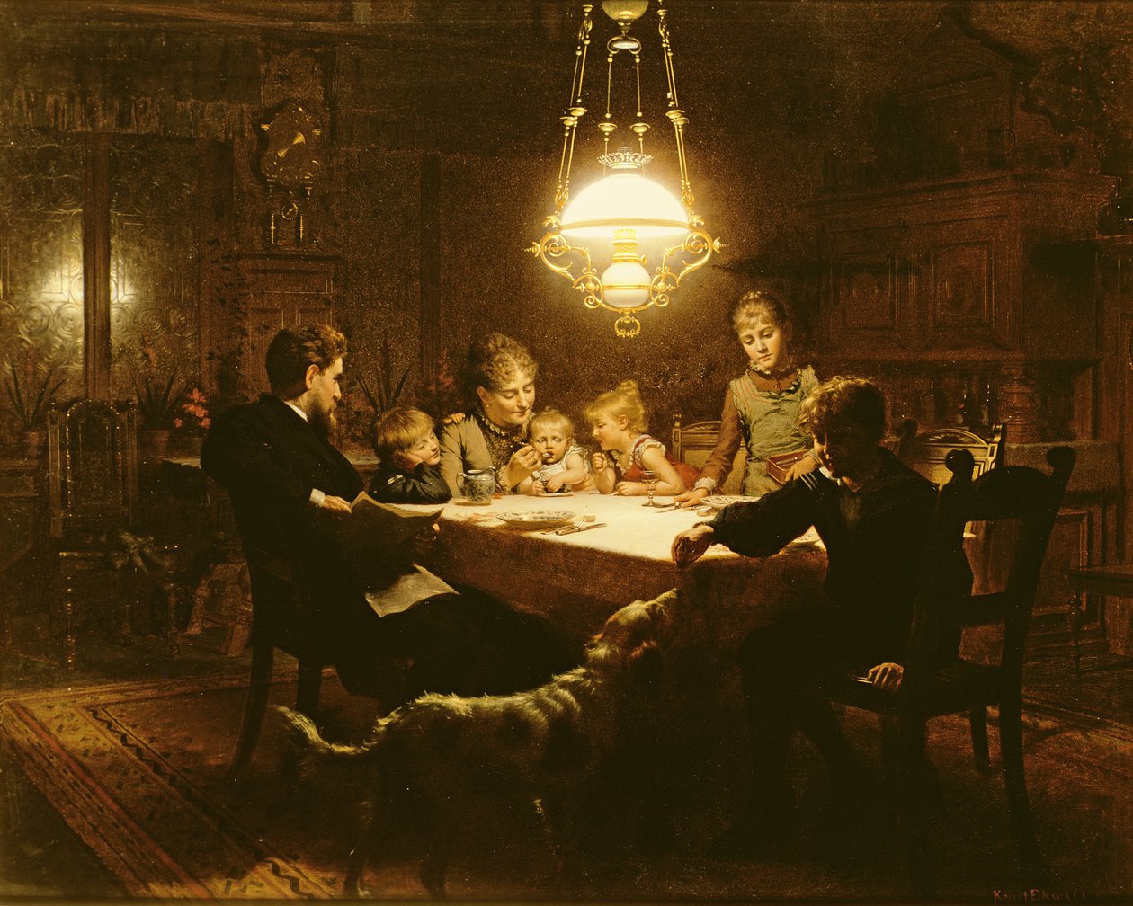 Lamba ışığında aile yemeği, 19. yüzyıl by Knut Ekvall
