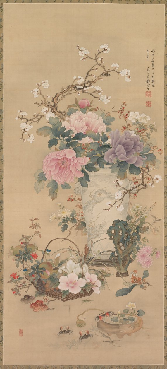 Çekirge, Deniz Yaşamı ve Bahçe Kayası ile Çiçek Vazosu, asılı parşömen, 1800