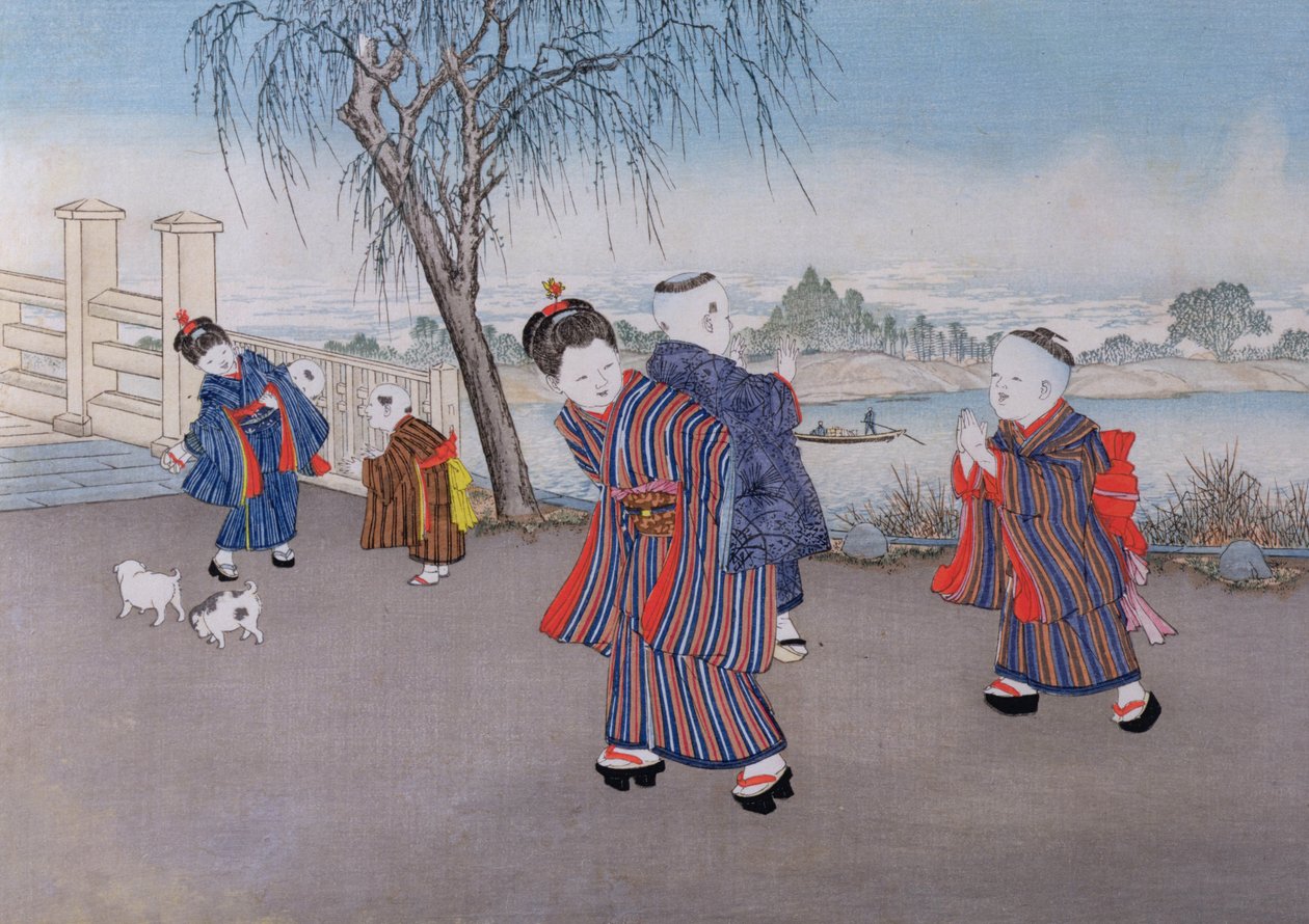 'Çocuk Oyunları' serisinden bir Nehir kenarında yürümek, 1888 (renkli gravür) by Kobayashi Eitaku