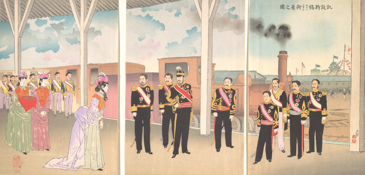 İmparatorun Zafer Yürüyüşünün Ardından Shinbashi İstasyonuna Gelişinin İllüstrasyonu..., 1895. by Kobayashi Kiyochika