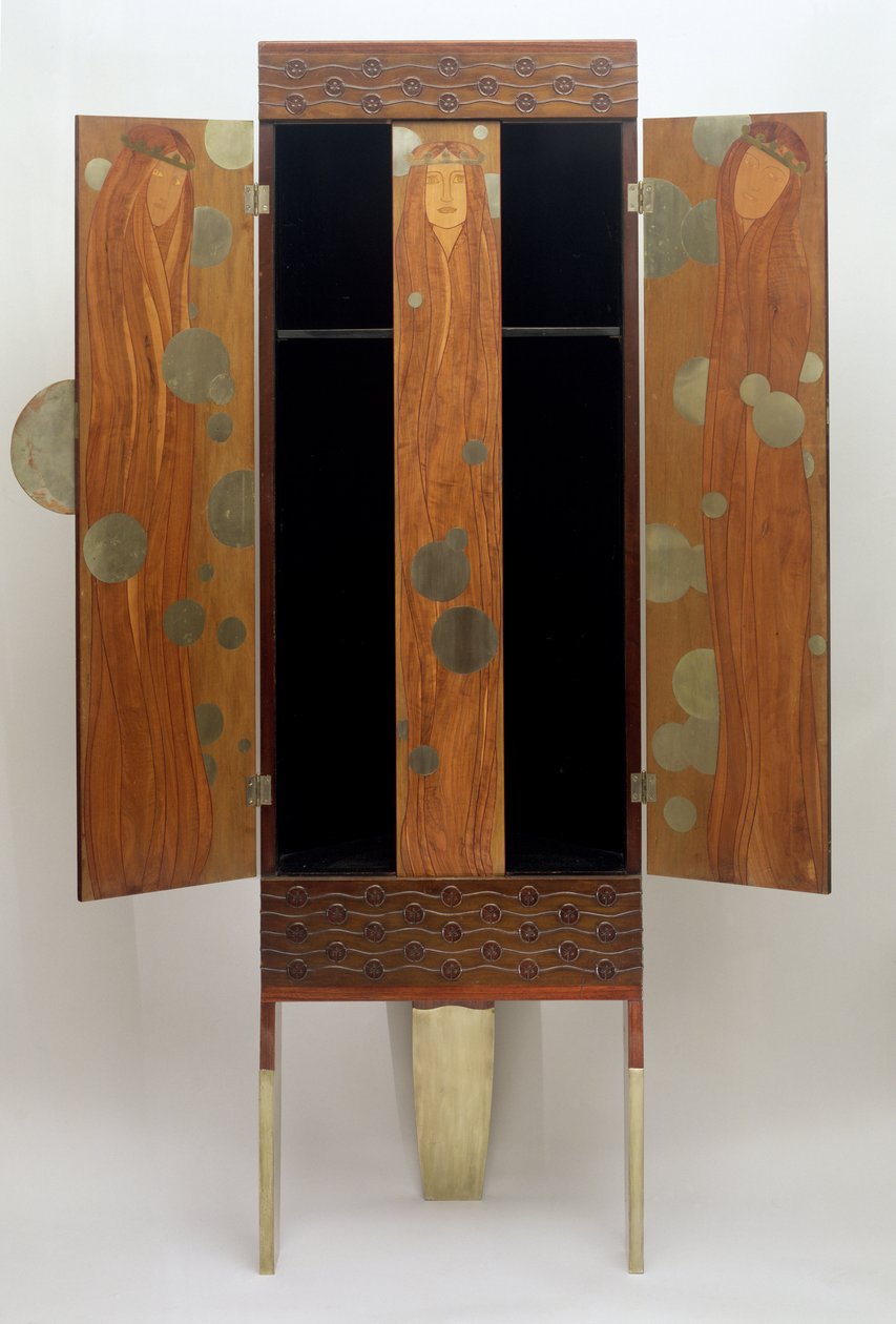The Enchanted Princesses Dolap, c.1900 (çeşitli ahşaplar, uygulamalı cam, nikel kaplı bakır) (bkz. 84710) by Koloman Moser