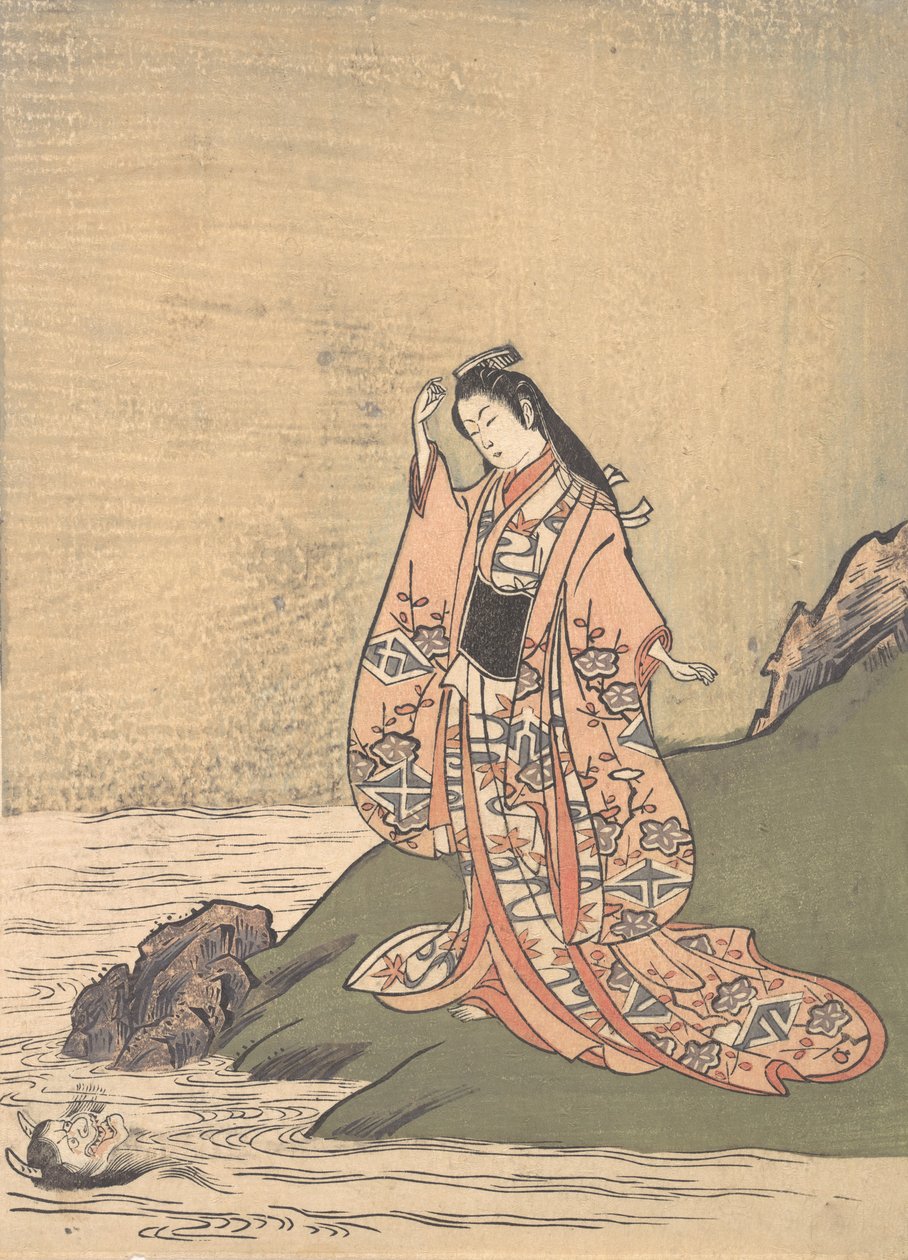 Bir Derenin Kenarında Bir Kız, 18. yüzyılın ortalarında, Suda Bir İblis Kafası Görür. by Komatsuken Shoshoken