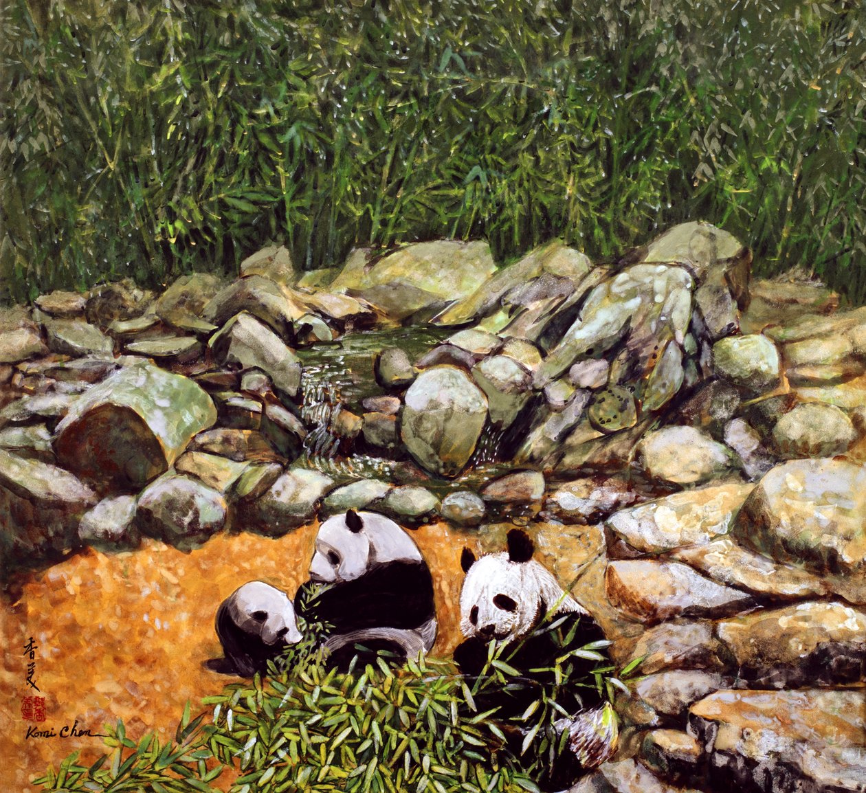 Mutlu Aile (Pandalar) 1993 (ipek üzerine guaj) by Komi Chen