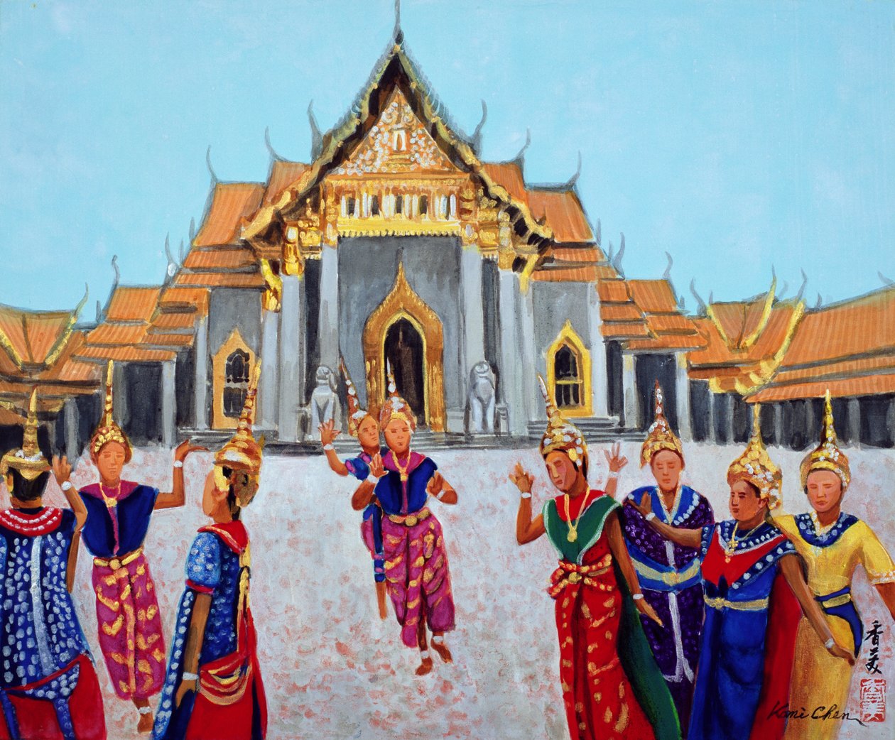 Geleneksel Tay Dansı, 1990 (ipek üzerine guaj) by Komi Chen