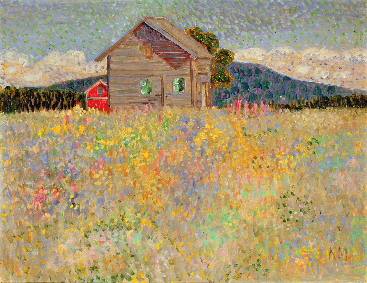 Çiçekli Bir Çayırda Küçük Ahşap Ev, c.1909 (hamur tahtası üzerinde yağlı boya) by Konrad Magi