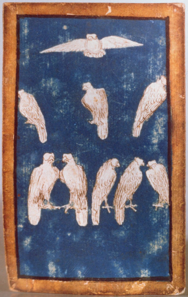 Uçan ve tünemiş olan Yırtıcı Kuşlar, sarayda avlanma sahnelerini gösteren bir dizi oyun kağıdından biri, Upper Rhein Bölgesi, c.1440-45 (kalem ve mürekkep, wc) (ayrıca bkz. 87698 ve 88301-04) by Konrad Witz