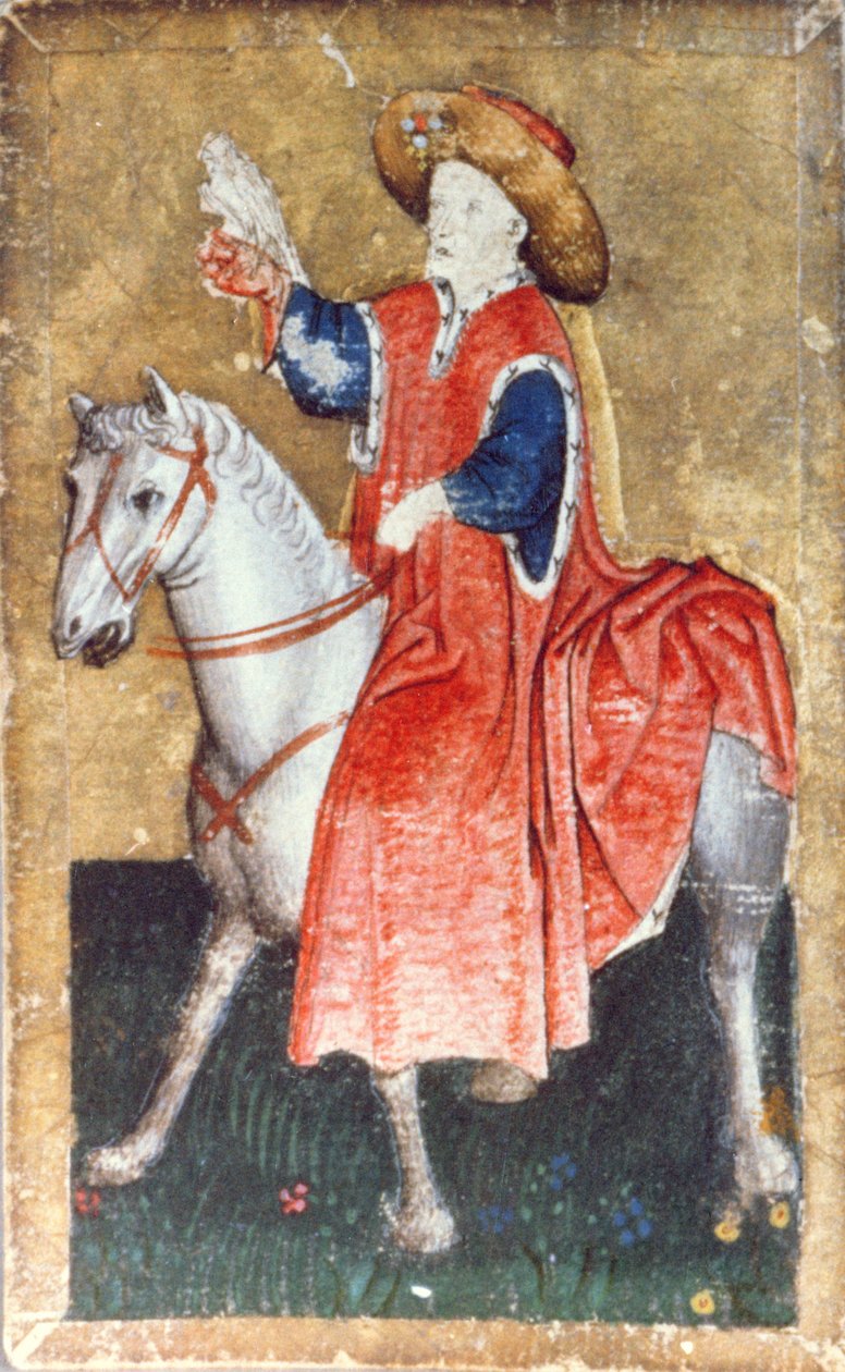 Atlı bir şahin, saraylı avlanma sahnelerini betimleyen bir dizi iskambil kağıdından biri, Upper Rhein Bölgesi, c.1440-45 (kalem ve mürekkep, wc) (ayrıca bkz. 87698 ve 88300-03) by Konrad Witz
