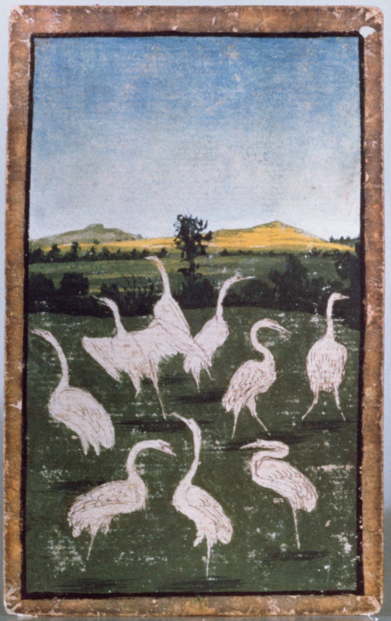 Tarladaki balıkçıllar, sarayda avlanma sahnelerini betimleyen bir dizi oyun kağıdından biri, Upper Rhein Bölgesi, c.1440-45 (kalem ve mürekkep, wc) (ayrıca bkz. 88300-04) by Konrad Witz