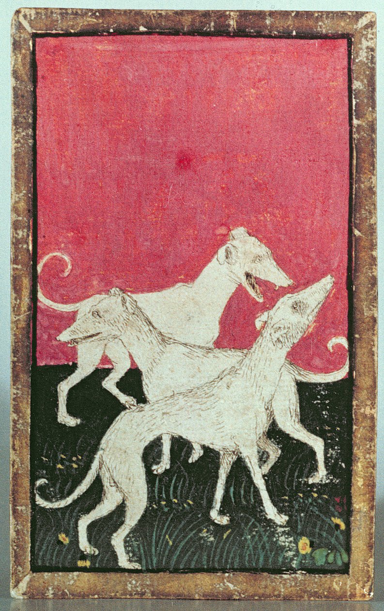 Üç av köpeği, saraylı avlanma sahnelerini gösteren bir dizi oyun kağıdından biri, Upper Rhein Are, c.1440-45 (kalem ve mürekkep, wc) (ayrıca bakınız 87698, 88300 ve 88302-04) by Konrad Witz
