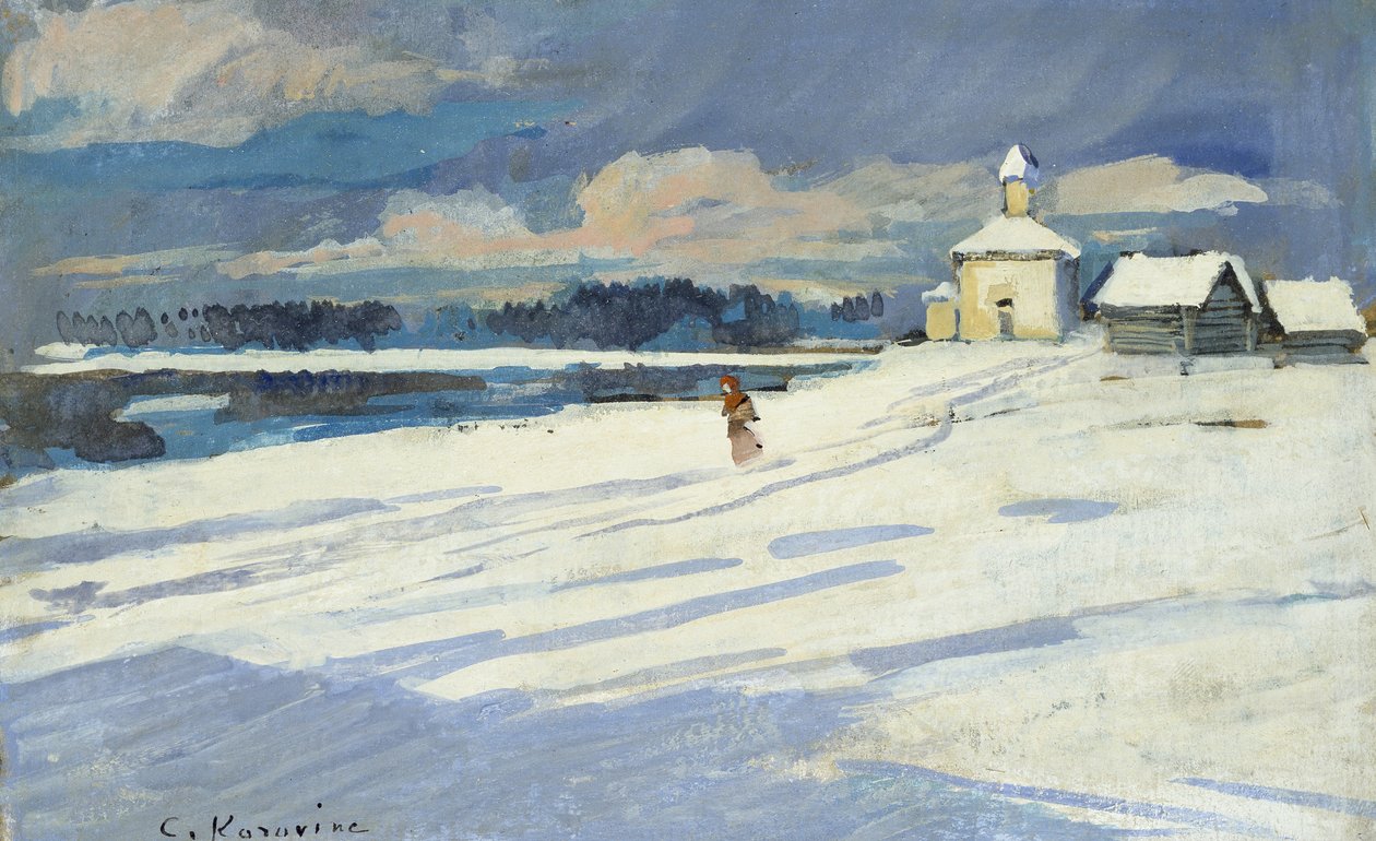 Küçük bir Kilise ile Kış Manzarası (gemide yağ, çizim olarak monte edilmiş) by Konstantin Alekseevich Korovin