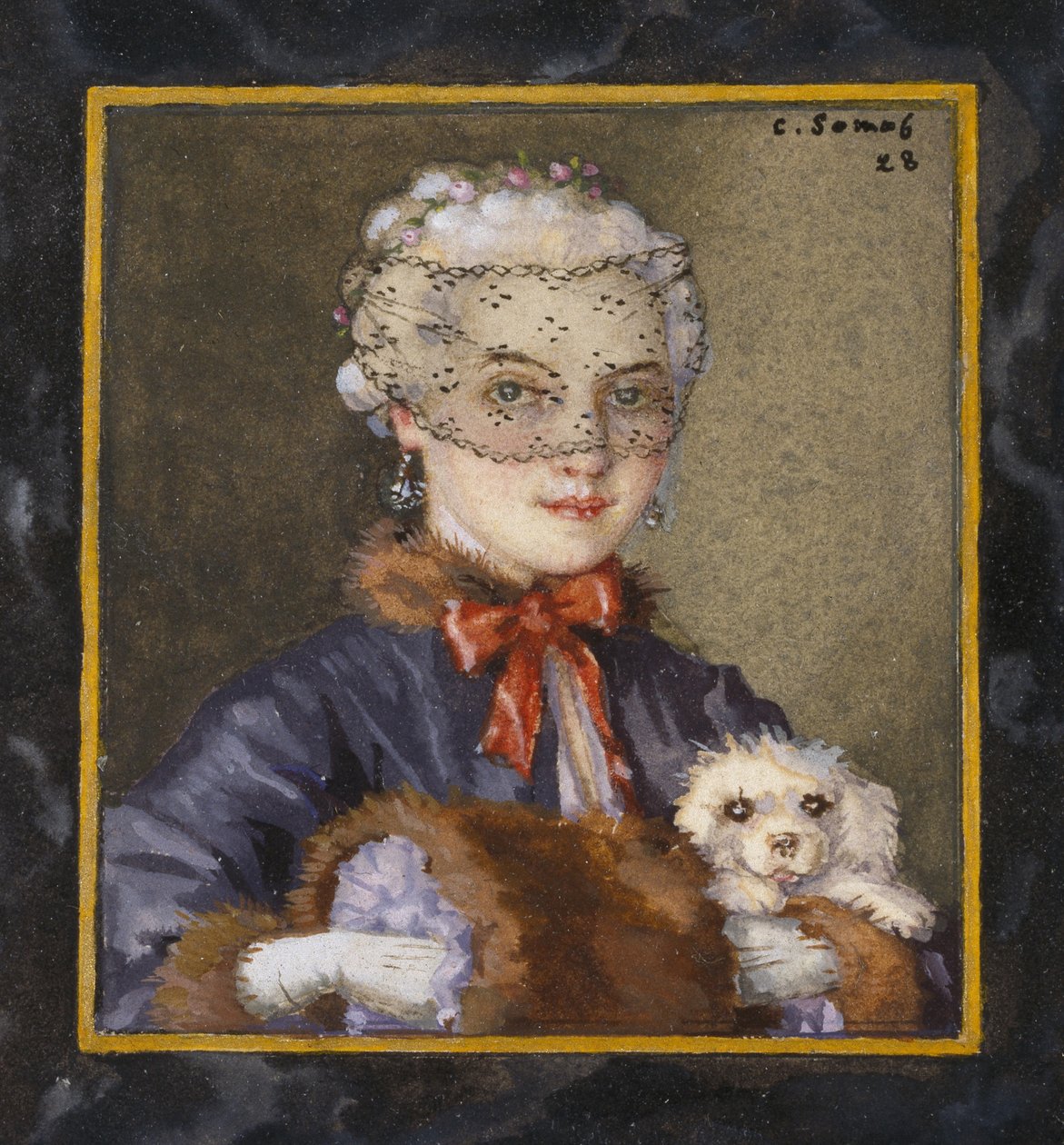 Lady with a Dog, 1928 (beyaz kağıt üzerinde kurgusal bir çerçeveyi çevreleyen siyah mürekkeple çizilmiş bir çerçeve içinde gövde rengi) by Konstantin Andreevic Somov