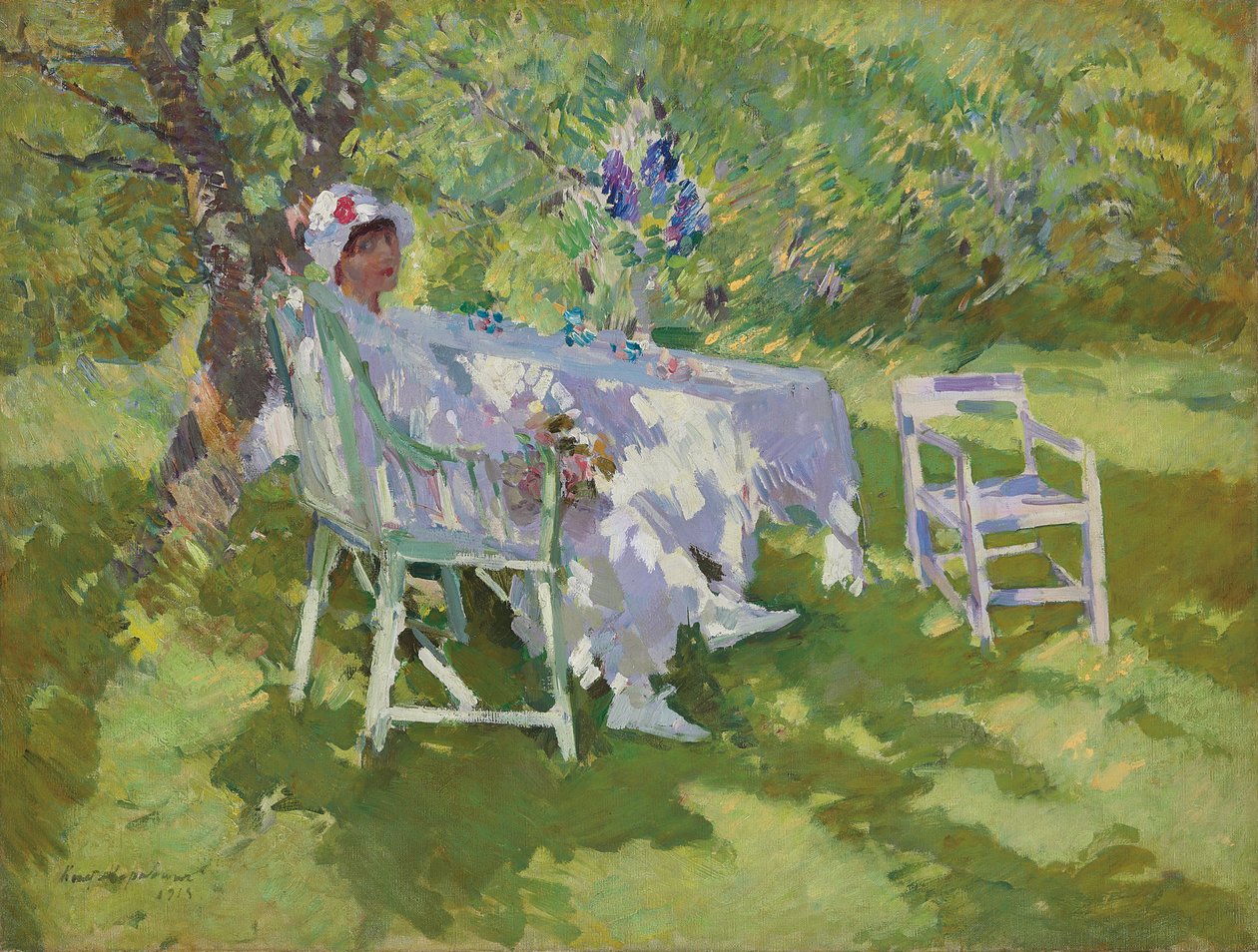 Bahçede Oturan Beyazlı Kadın by Konstantin Alekseevich Korovin