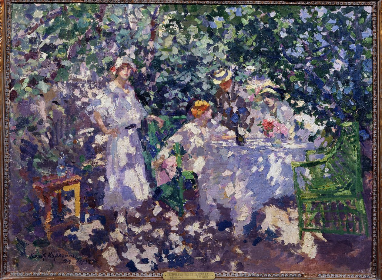 Bahçede (Bahçede). Korulara bir masa kurulmuş, yazın üç genç kadın ve hasır şapkalı bir adam oturmuş gölgeden yararlanıyor. Konstantin Alekseyeviç Korovin