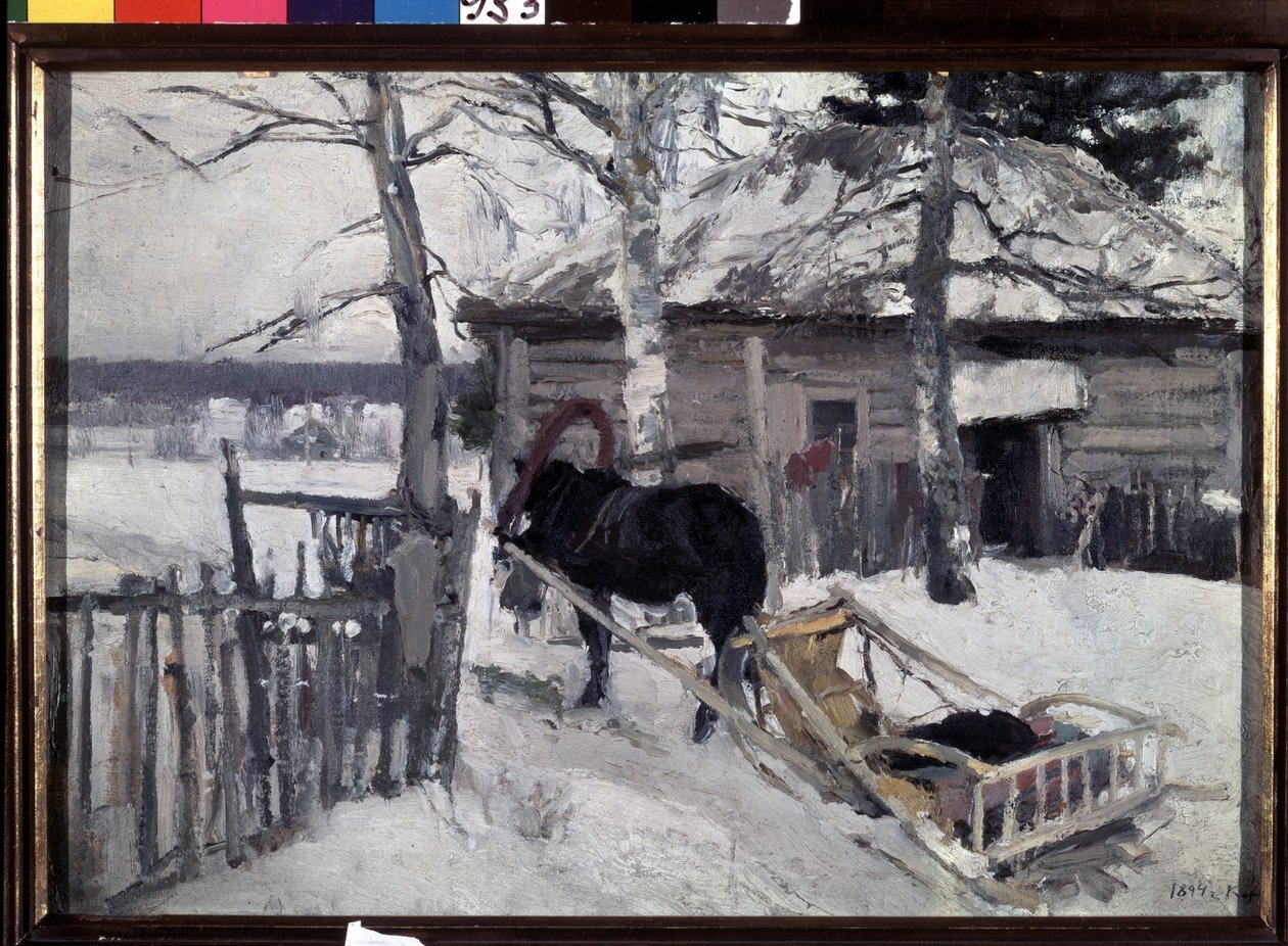 Kış (Kış). Kırlarda, karların altında, ahşap bir evin bahçesinde at arabası. Konstantin Alekseyeviç Korovin