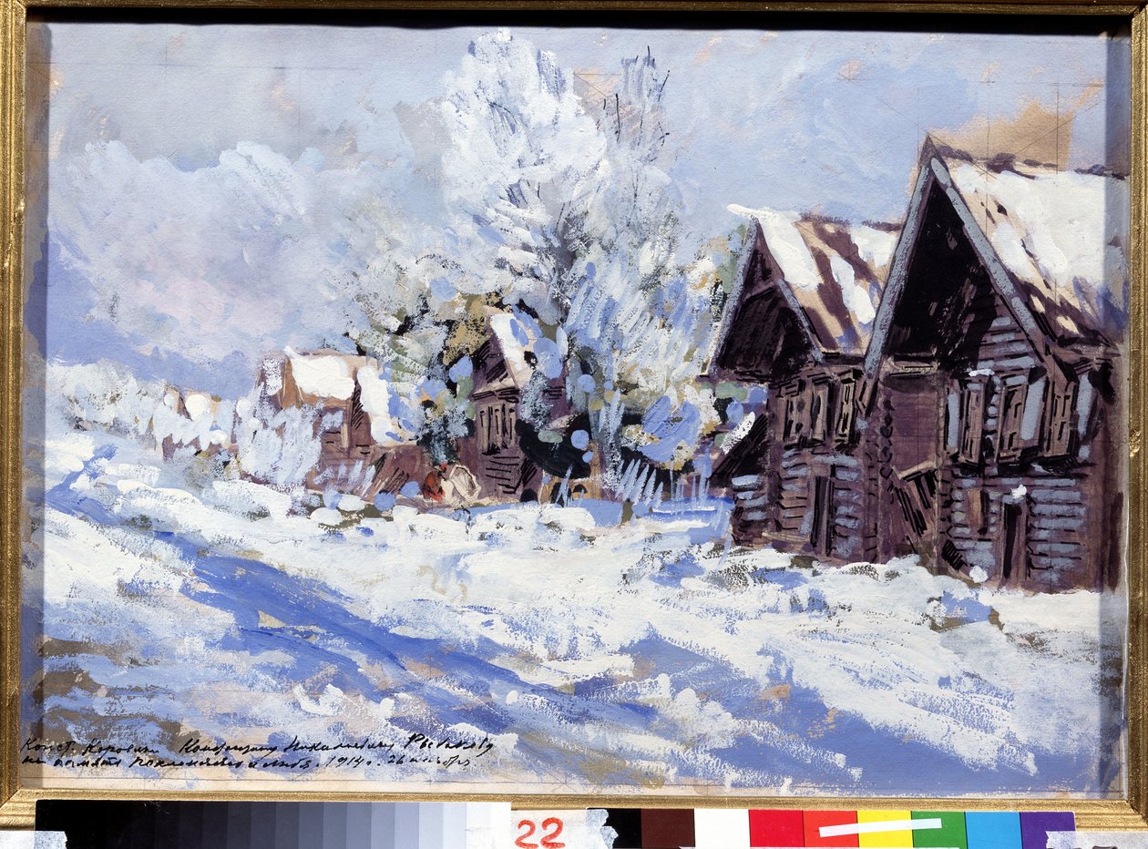 Kış (Kış). Kar altında ahşap evleri olan bir köyün sokağının görünümü. Konstantin Alexeyevich Korovin