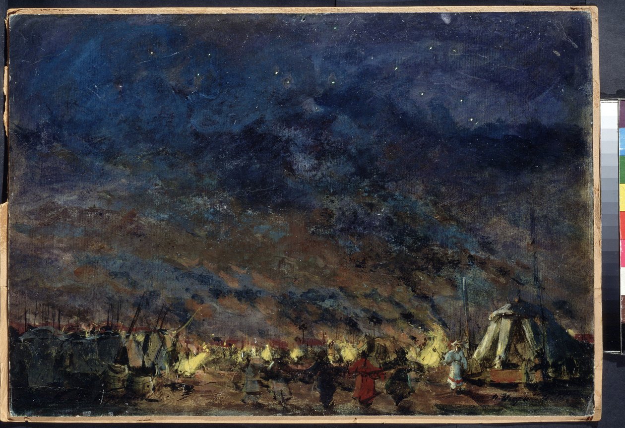 Polovtsian Kampı, Alexander Borodin tarafından Opera Prensi Igor için Sahne Tasarımı - (Polovtsian Kampı - Alexander Borodin tarafından Opera Prensi Igor için Sahne Tasarımı) - Yıldızlı bir gökyüzü altında, kampın çadırları ışık ışıklarını çerçevelemektedi by Konstantin Alekseevich Korovin