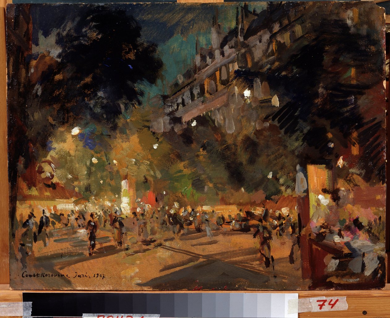 Paris, Fransa (Paris). Bir yaz akşamı Boulevard Montmartre ve animasyonunun açıklaması. Konstantin Alekseyeviç Korovin