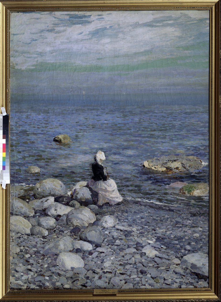 Karadeniz kıyısında (Karadeniz kıyısında). Sahilin kayalıklarında oturan yalnız, zarif bir kadın denizin üzerinden ufka bakıyor.Konstantin Alexeyevich Korovin (Constantin Korovin) (1861-1939), tuval üzerine yağlıboya, yaklaşık 1890. by Konstantin Alekseevich Korovin