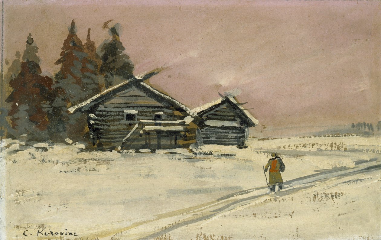 İki ahşap Kulübe ile Kış Manzarası (gövde rengi ve gemide yağ, çizim olarak monte edilmiş) by Konstantin Alekseevich Korovin