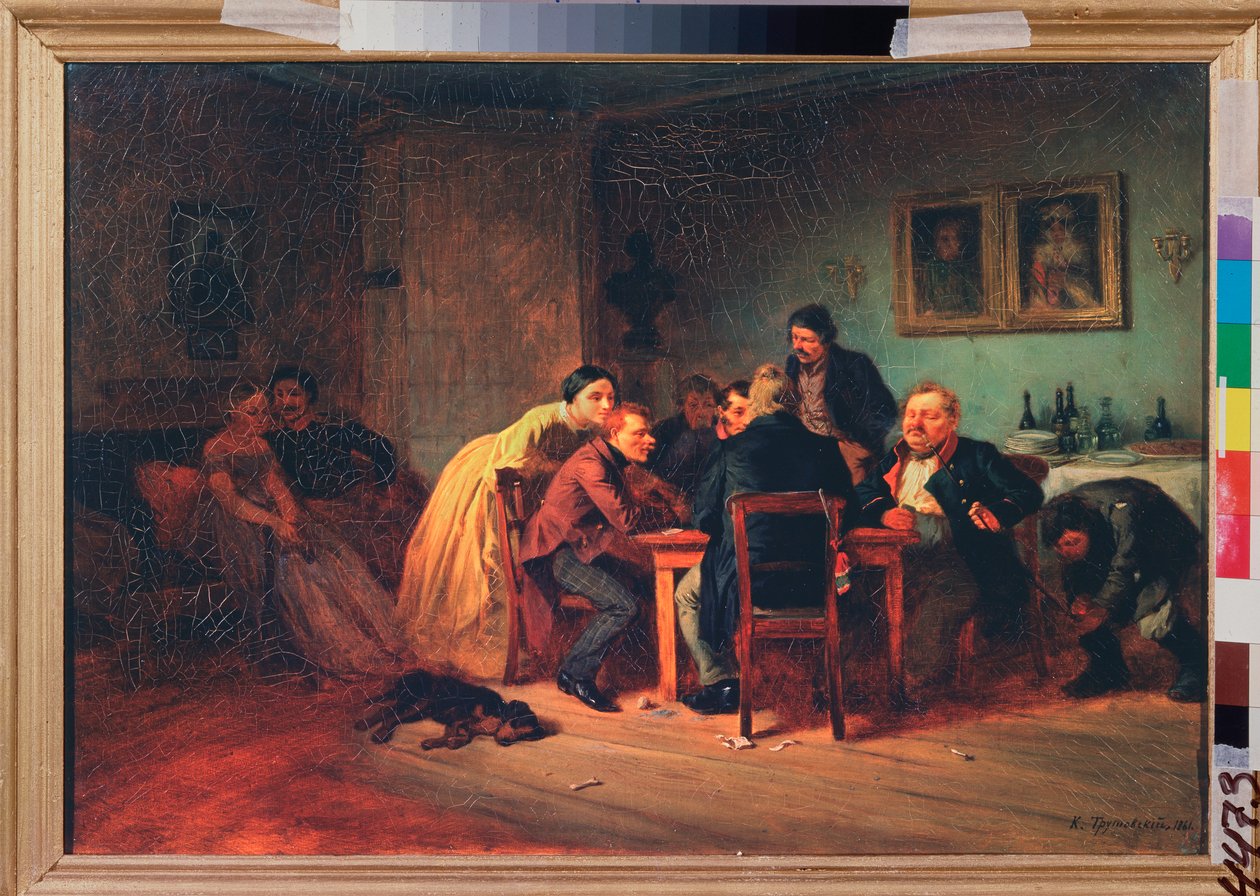 Kart oyunu - Bir burjuva iç mekanda geç akşam - Konstantin Alexandrovich Trutovsky (Troutovsky) (1826-1893), tuval üzerine yağlı boya by Konstantin Alexandrovich Trutovsky