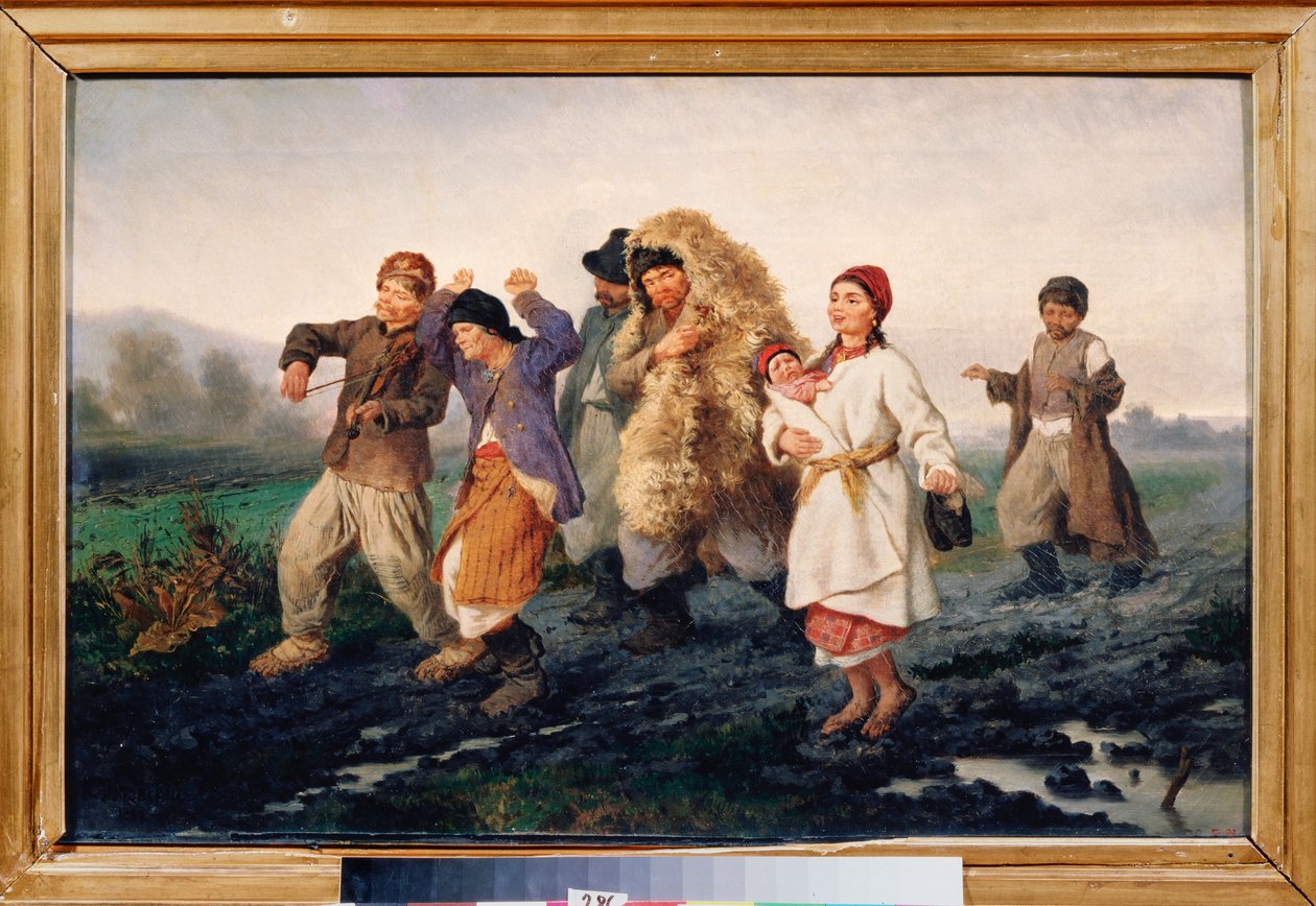 Panayırdan Dönüş (Sarhoş, fakir bir köylü ailesi çamurlu bir yolda yürür, şarkı söyleyip dans eder) - Panayırdan Dönüş - Resim Konstantin Alexandrovich Trutovsky (Troutovsky) (1826-1893), tuval üzerine yağlıboya by Konstantin Alexandrovich Trutovsky