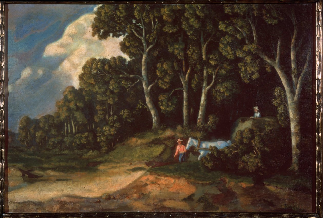 Bir ormanda. (Orman yolundan saman arabasıyla çıkan köylüler çıkar) Konstantin (Constantin) Andreyevich Somov (1869-1939), tuval üzerine yağlı boya. Rus sanatı by Konstantin Andreevic Somov