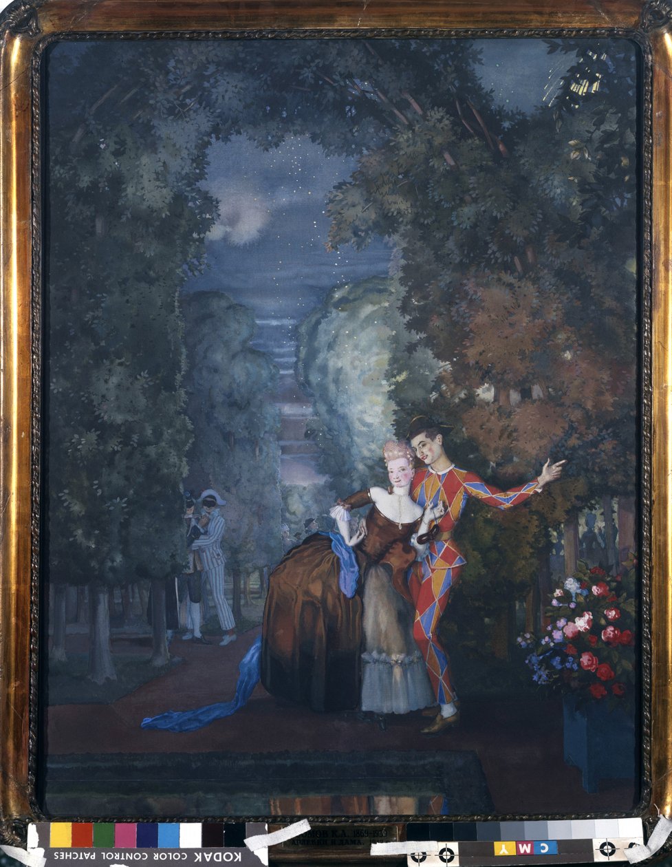 Harlequin ve Lady, 1912 (karton üzerine wc ve guaj) by Konstantin Andreevic Somov