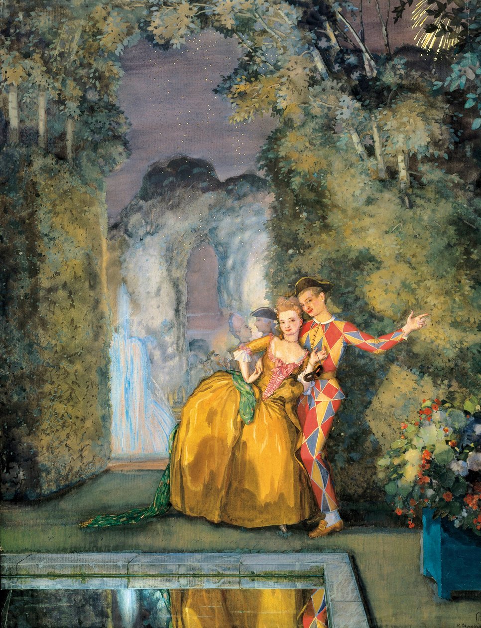 Harlequin ile hizmetçi, c. 1900 (sulu boya) by Konstantin Andreevic Somov