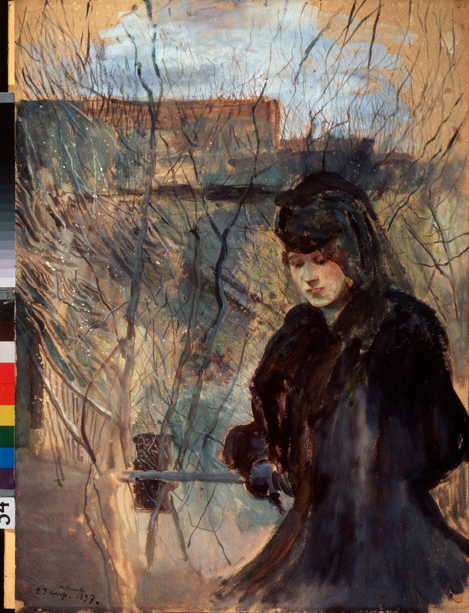Printemps (Bahar) (Siyah giyinmiş, hüzünlü görünen ve aşağı bakan, ince bir bariyere yaslanmış bir kadın) - Konstantin (Constantin) Andreyevich Somov (1869-1939), karton üzerine suluboya ve guaj by Konstantin Andreevic Somov