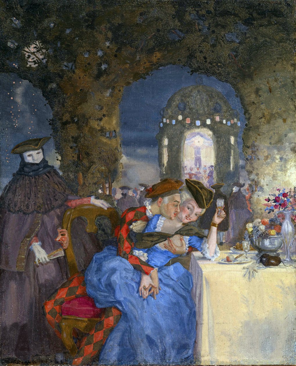 ""Rendez-vous"" Bir yaz partisinde, maskeli karakterlerin bakışları altında şakalaşan bir çift Tablo Konstantin Somov (1869-1939) - 1918 dolayları - Tuval üzerine yağlıboya Dim 27x22 cm Özel Koleksiyon by Konstantin Andreevic Somov