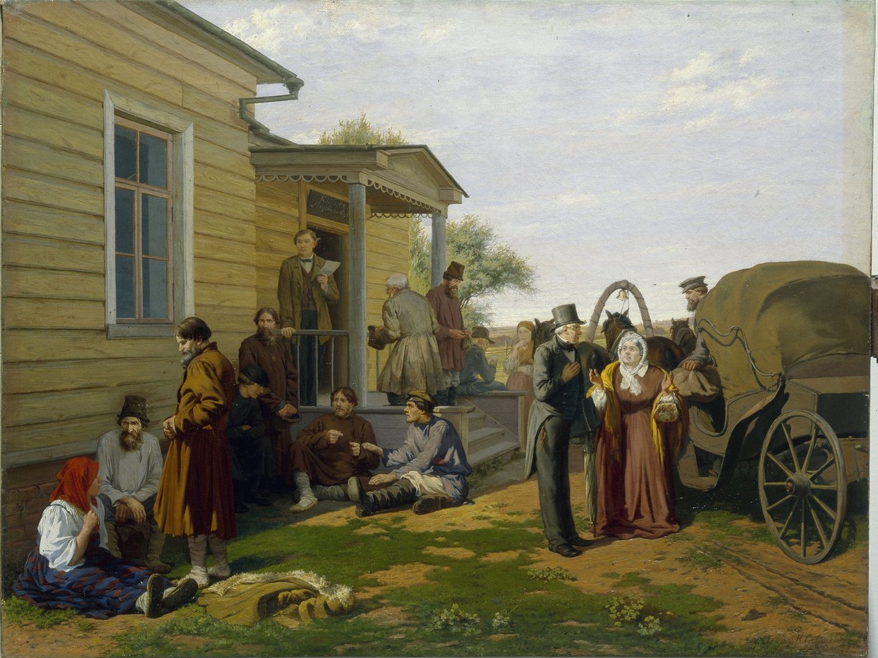 Barışın adaleti. Rusya kırsalında adliye binası yapılıyor, köylüler sohbet ederken bekliyor, avukatlar meşgul. Konstantin Apollonovich Savitsky