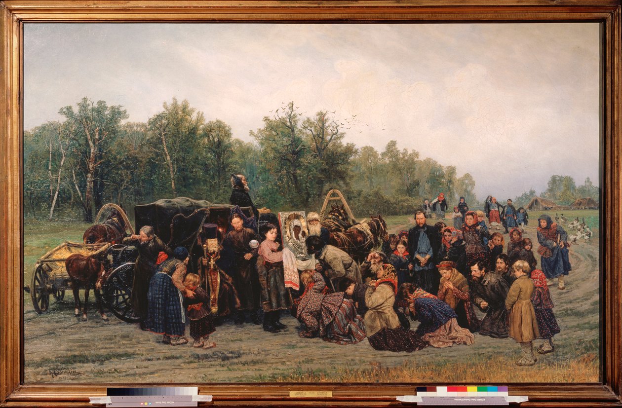 Bir ikonanın gelişi (Köylüler bir Ortodoks rahip tarafından getirilen tabloyu görmek için koşar ve önünde diz çöker) - Konstantin Apollonovich Savitsky (1844-1905), tuval üzerine yağlı boya by Konstantin Apollonovich Savitsky