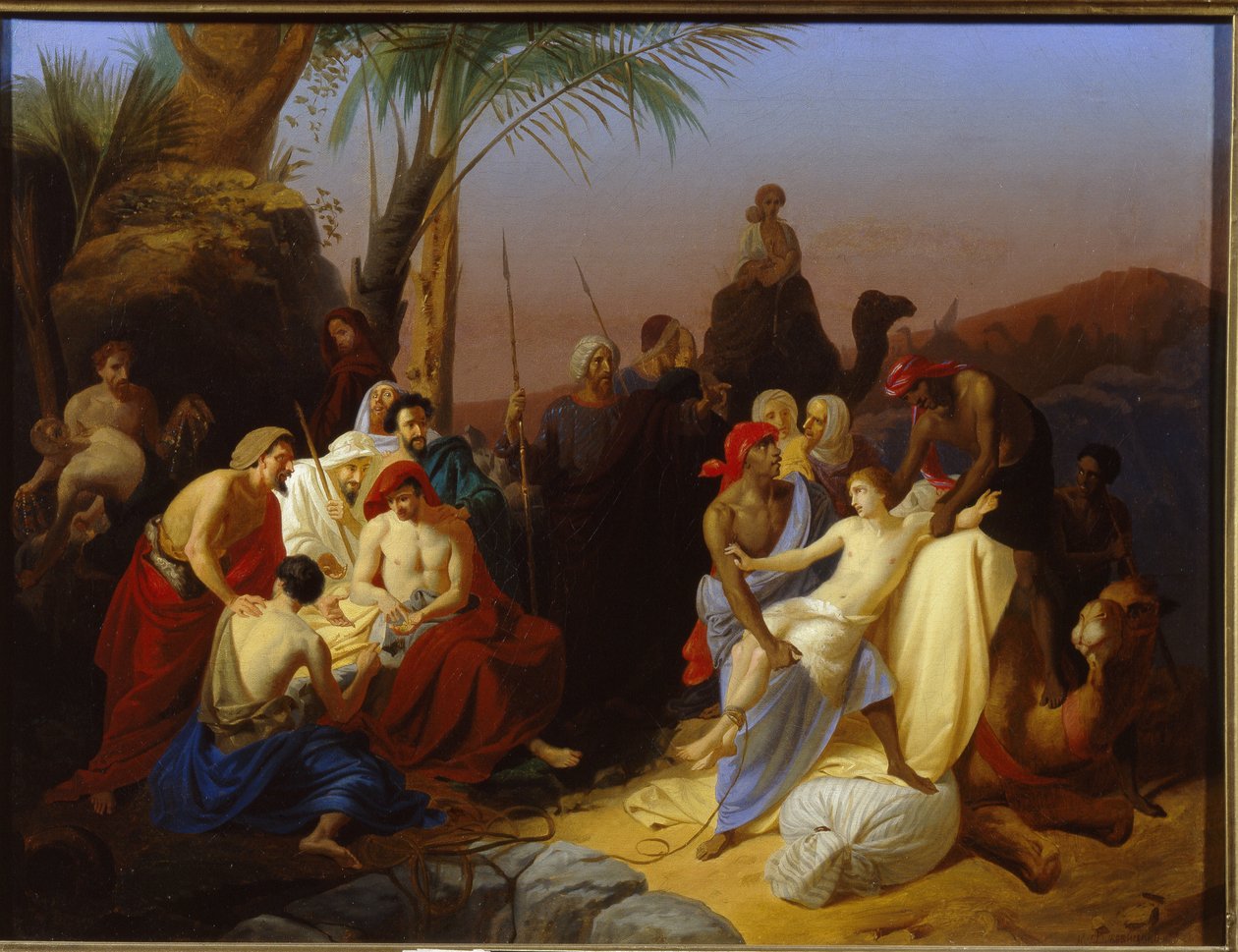 Yusuf'un Satışı. (Yaratılış'tan bölüm, Joseph kardeşleri tarafından köle tacirlerine satıldığında. Resim Konstantin Dmitrievich Flavitsky (1830-1866), tuval üzerine yağlı boya by Konstantin Dmitrievich Flavitsky