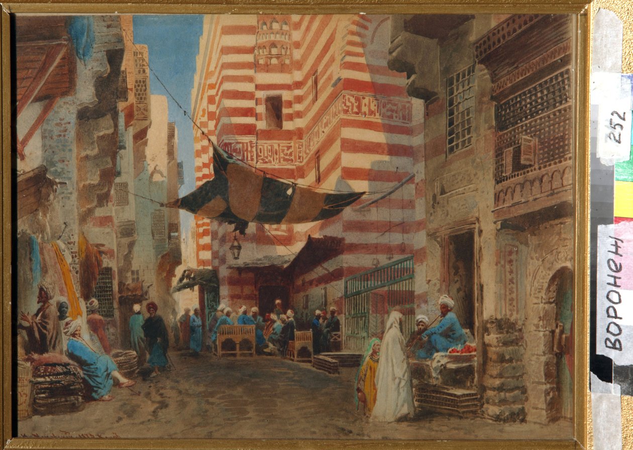 Kahire (Mısır) sokaklarında. Konstantin Yegorovich Makovsky (Constantin Makovsky) (1839-1915), kağıt üzerinde sanat eseri by Konstantin Egorovich Makovsky