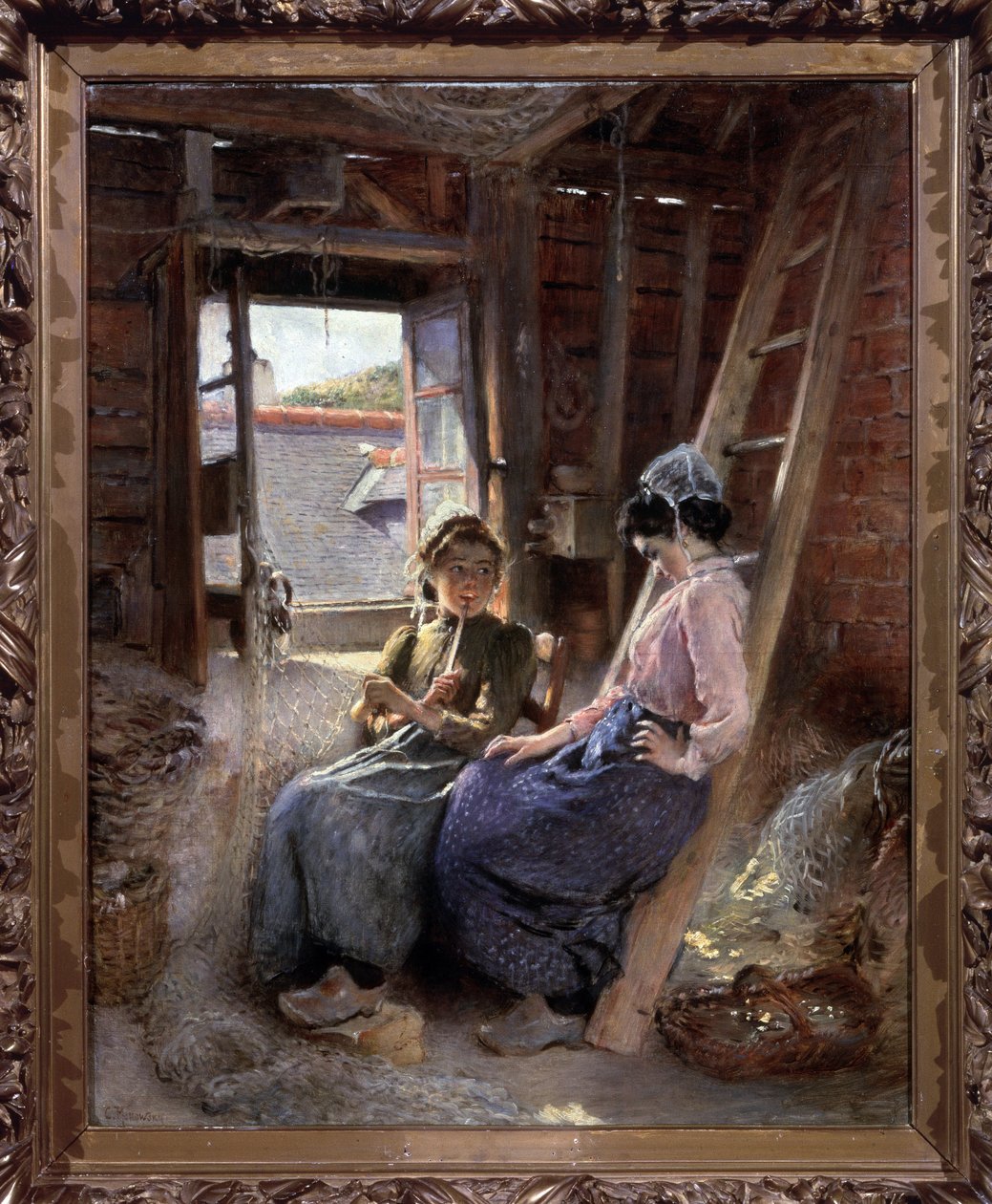 İki Breton (İki Breton). Balıkçı eşleri, geleneksel kıyafetleriyle, balık ağlarının ve sepetlerin saklandığı bir çatı katında dinlenip sohbet ediyor, pencere ardına kadar açık ve güneş ışığı alıyor. Konstantin Y tarafından boyama by Konstantin Egorovich Makovsky