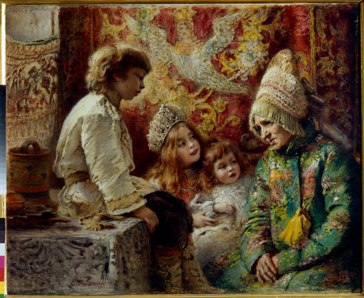 Çocuklu Büyükanne (Büyükannenin Masal) - Makovsky, Konstantin Yegorovich (1839-1915) - 1882 - Ahşap üzerine yağlı boya - Devlet Açık Hava Müzesi Pavlovsk Sarayı, St. Petersburg by Konstantin Egorovich Makovsky