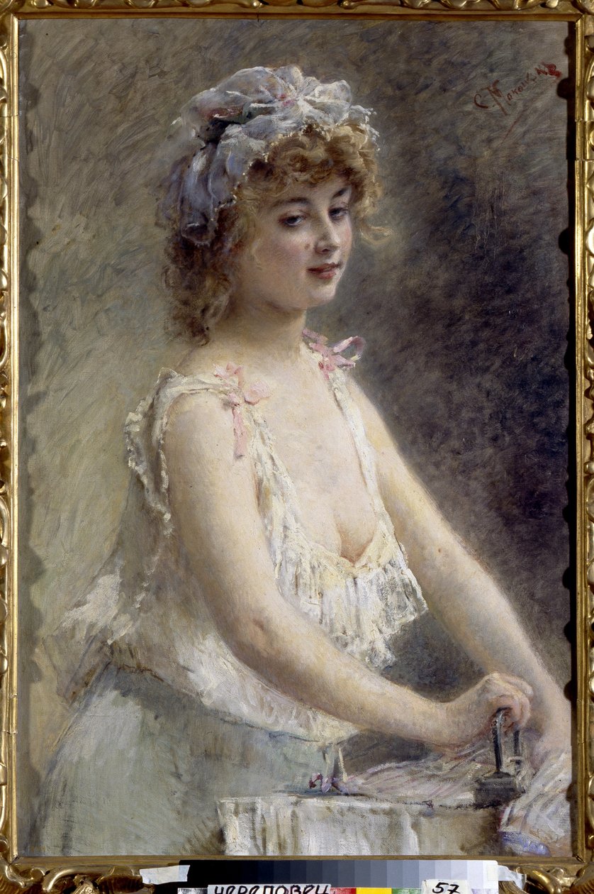 Ütü. (Kadın Ütü). Genç kadın iç çamaşırı, sabahlık ve dantel gecelik takıyor, ev işi yapıyor. Konstantin Yegorovich Makovsky (Constantin Makovsky) (1839-1915), tuval üzerine yağlı boya, 1880 dolayları. Art r by Konstantin Egorovich Makovsky