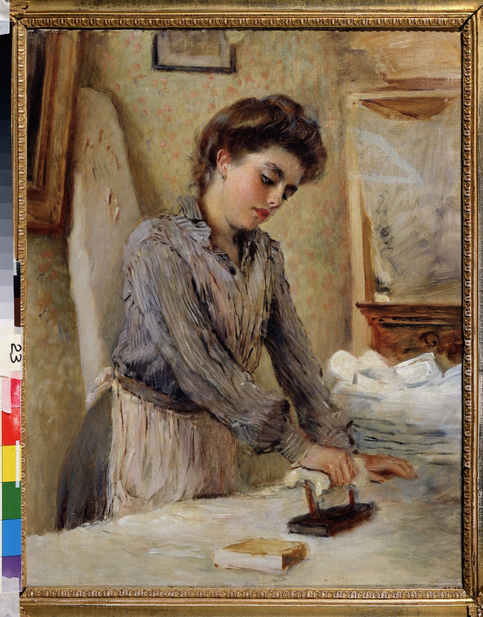 Ütü - Kadın Ütü. Konstantin Yegorovich Makovsky (Constantin Makovsky) (1839-1915), tuval üzerine yağlıboya, yaklaşık 1900. Rus sanatı 19. yüzyılın sonu - 20. yüzyılın başı. Devlet Açık Hava Müzesi, Rostov Kremlin, Rostov (Rusya) by Konstantin Egorovich Makovsky