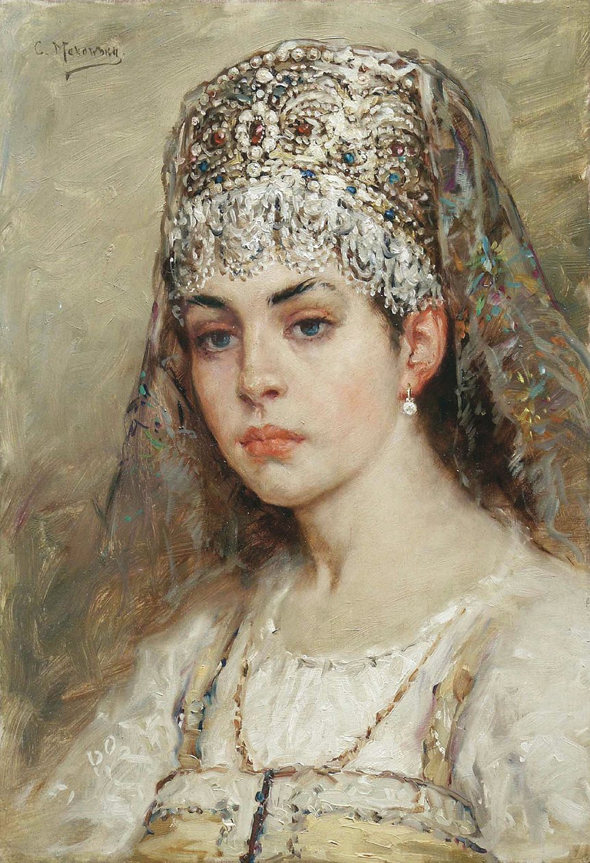 Boyar bir kadının portresi (boiard, boiar): sarafan elbisesi giymiş ve başında bir kokoshnik, geleneksel bir saç modeli var - Boyama Konstantin Yegorovich Makovsky (Constantin Makovski) (1839-1915) by Konstantin Egorovich Makovsky