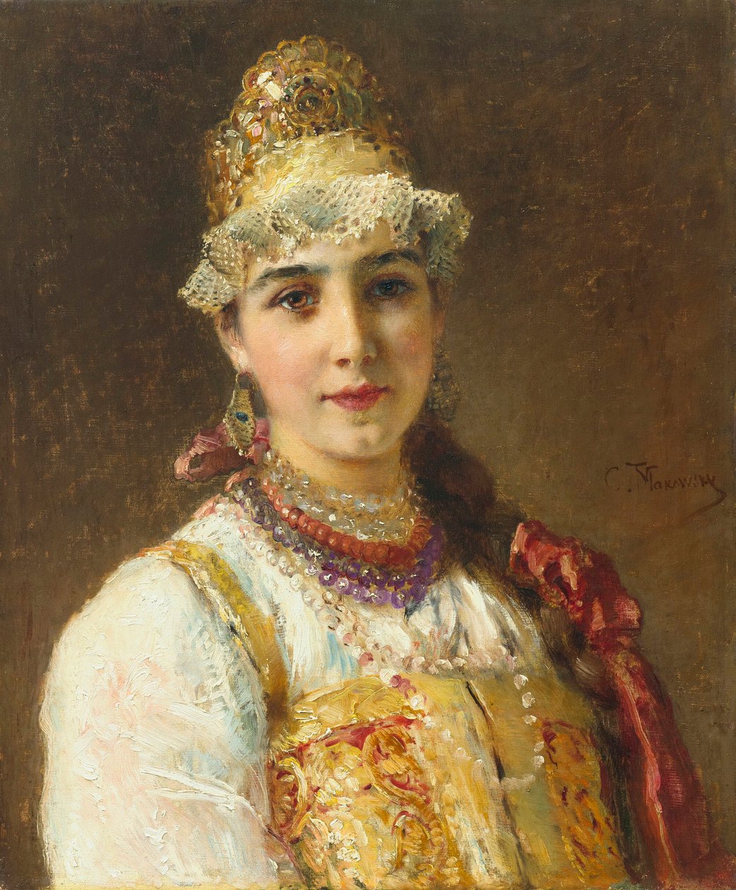 Boyar bir kadının portresi (boiard, boiar): sarafan elbisesi giymiş ve başında bir kokoshnik, geleneksel bir saç modeli var - Boyama Konstantin Yegorovich Makovsky (Constantin Makovski) (1839-1915) by Konstantin Egorovich Makovsky