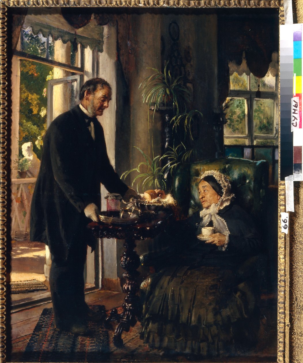 Bir konak şatosu. (Yaşlı bir kadın, kendisine ekmek ve reçel sunan bir hizmetçi tarafından sunulan çayı alır). Konstantin Yegorovich Makovsky