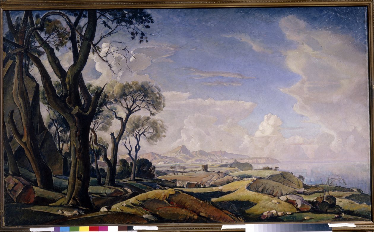 "Ağaçlı manzara" (Ağaçlı manzara) Resim Konstantin Fyodorovich Bogayevsky (Constantin Bogaievsky) (1872-1943) Tuval üzerine yağlı boya 1927 Devlet Tretyakov Galerisi, Moskova by Konstantin Fedorovich Bogaevsky