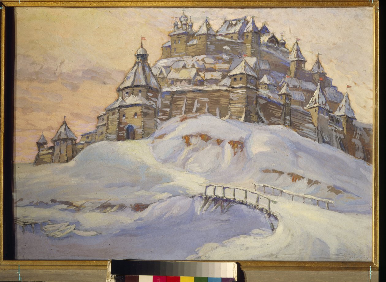 Eski Rus kalesi. (Orta Çağ'da Ukrayna'da kar altında ahşap müstahkem şehir). Konstantin (Constantin) Ivanovich Gorbatov'un (1876-1945) eseri, ahşap üzerine tempera, 20. yüzyılın başları. Özel koleksiyon. by Konstantin Ivanovich Gorbatov