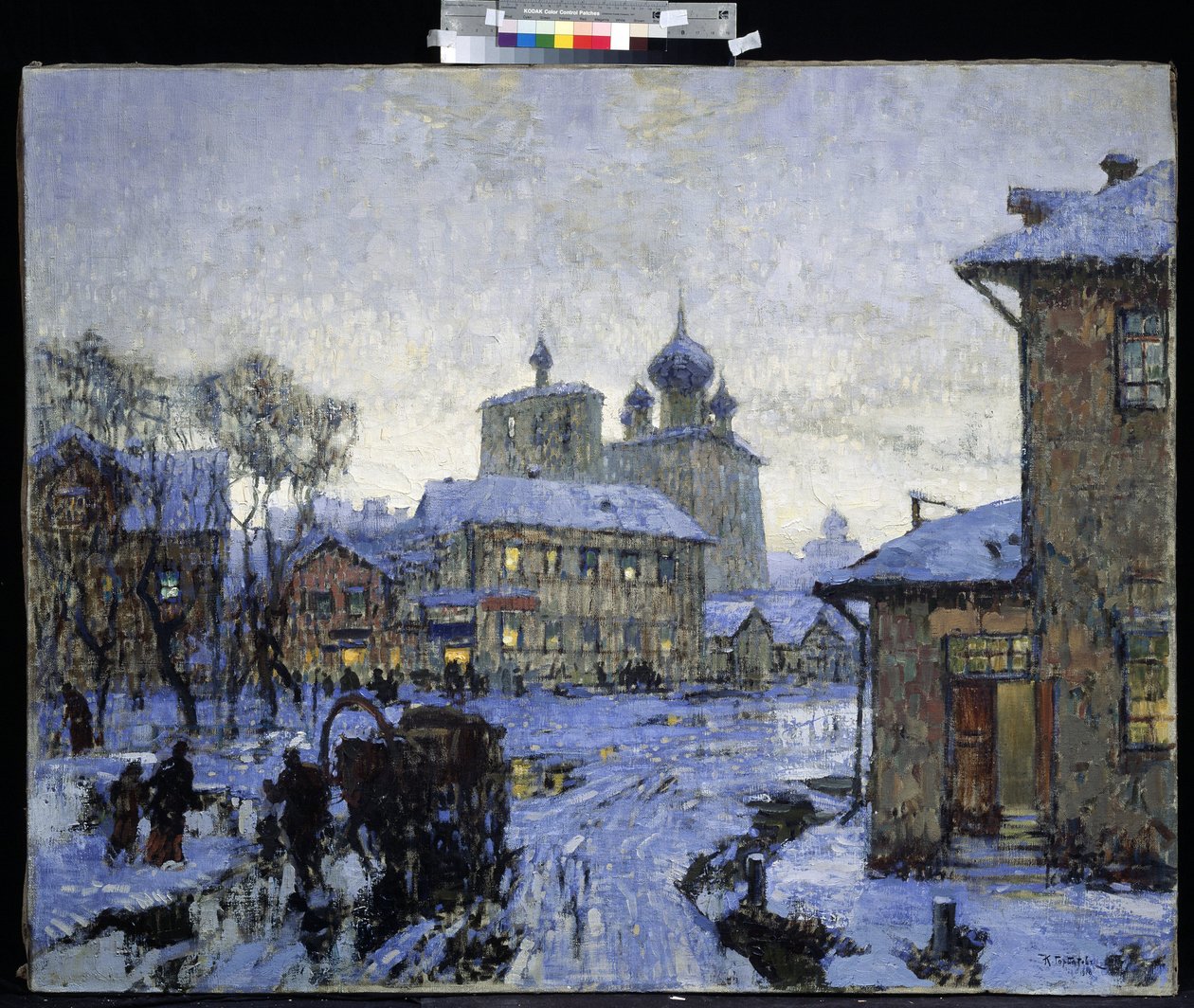 "Çözülme"" Kış sonunda Rus köy manzarası. Konstantin (Constantin) Gorbatov'un (1876-1945) tablosu 1910 M. Kroshitsky Sanat Müzesi, Sivastopol by Konstantin Ivanovich Gorbatov
